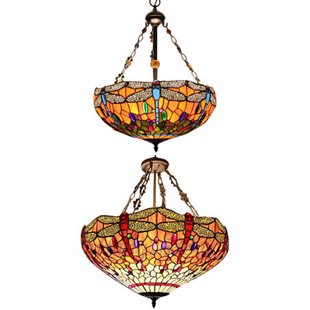 Libellule Motif Tiffany Stained Pendant Light - Orange Bowl Suspension Plafonnier, 18"/23.5" W - Lodge Style pour Foyer
