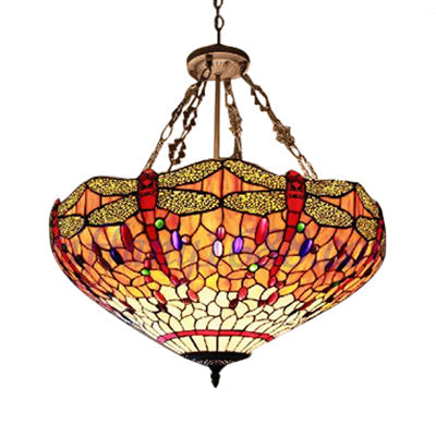 Libellule Motif Tiffany Stained Pendant Light - Orange Bowl Suspension Plafonnier, 18"/23.5" W - Lodge Style pour Foyer