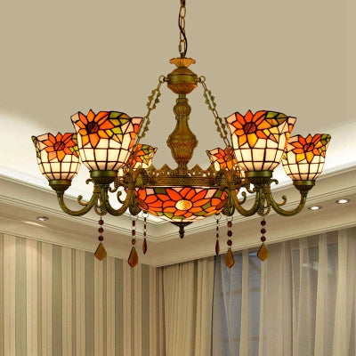 Superbe lustre inversé avec vitrail Tiffany, 7 lampes en cristal et motif de tournesol coloré en laiton