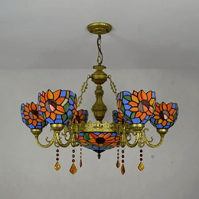 Superbe lustre inversé avec vitrail Tiffany, 7 lampes en cristal et motif de tournesol coloré en laiton