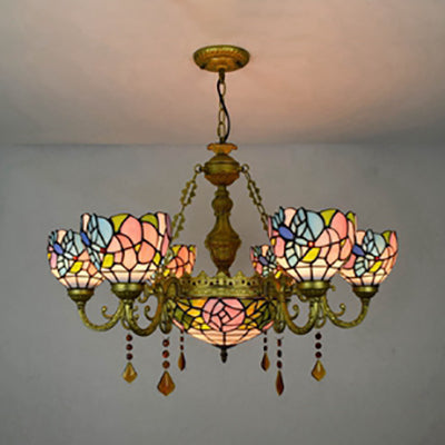 Superbe lustre inversé avec vitrail Tiffany, 7 lampes en cristal et motif de tournesol coloré en laiton