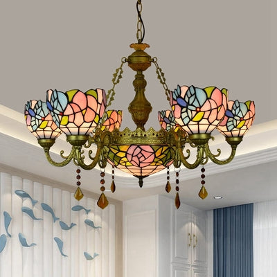 Superbe lustre inversé avec vitrail Tiffany, 7 lampes en cristal et motif de tournesol coloré en laiton