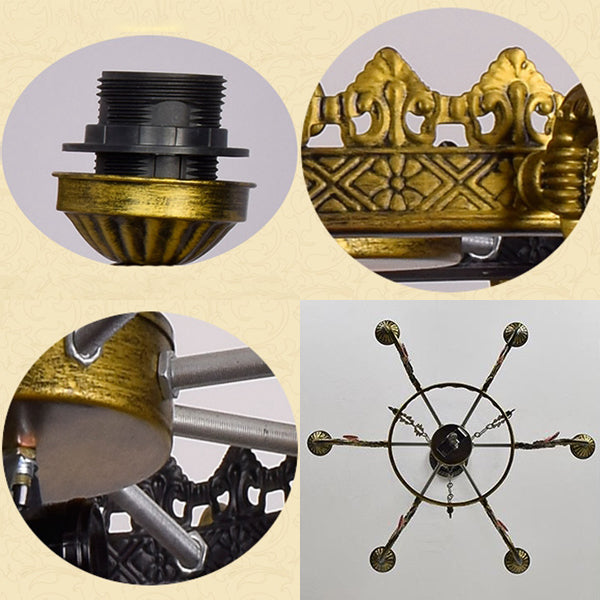 Superbe lustre inversé avec vitrail Tiffany, 7 lampes en cristal et motif de tournesol coloré en laiton