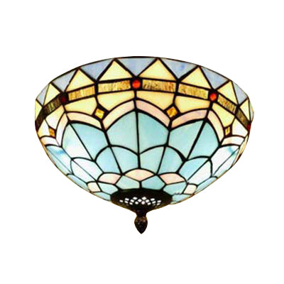 Stained Glass Bowl Flush Mount Ceiling Light - Lodge Style 1/2/4 Blue/Light Blue