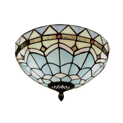Stained Glass Bowl Flush Mount Ceiling Light - Lodge Style 1/2/4 Blue/Light Blue 12’/16’/19.5’ Width