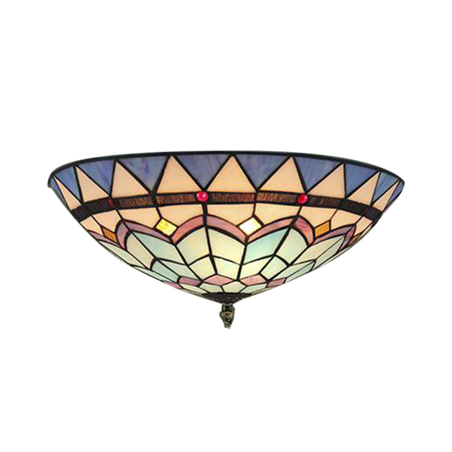Stained Glass Bowl Flush Mount Ceiling Light - Lodge Style 1/2/4 Blue/Light Blue 12/16/19.5 Width /