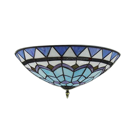 Stained Glass Bowl Flush Mount Ceiling Light - Lodge Style 1/2/4 Blue/Light Blue 12/16/19.5 Width