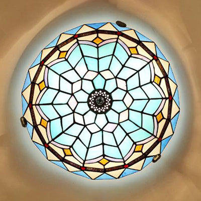 Stained Glass Bowl Flush Mount Ceiling Light - Lodge Style 1/2/4 Blue/Light Blue 12/16/19.5 Width