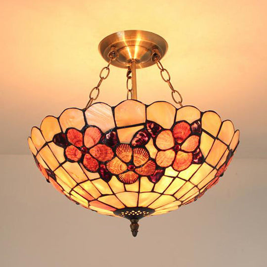 Scalloped Shade Semi Flush Stained Glass Ceiling Light Retro Style 12’/16’/20.5’ W