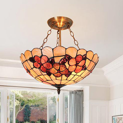 Scalloped Shade Semi Flush Stained Glass Ceiling Light Retro Style 12’/16’/20.5’ W