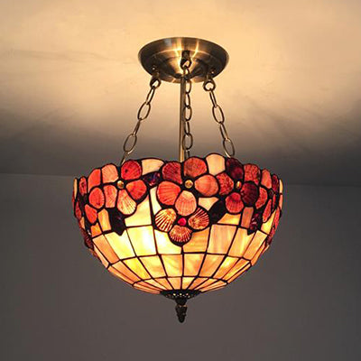 Scalloped Shade Semi Flush Stained Glass Ceiling Light Retro Style 12’/16’/20.5’ W