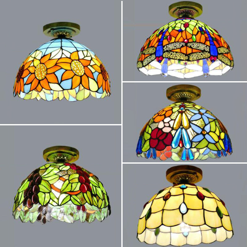 Rustic Tiffany Stained Glass Flush Light With Nature-Inspired Pattern And Antique Brass Finish