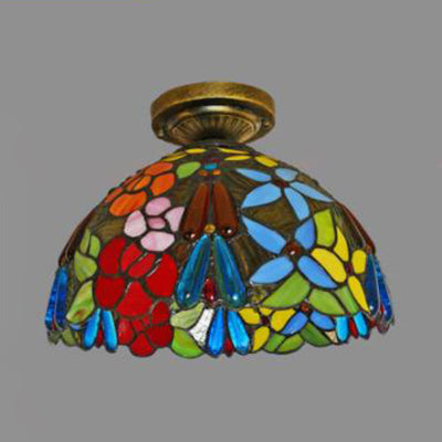 Rustic Tiffany Stained Glass Flush Light With Nature-Inspired Pattern And Antique Brass Finish