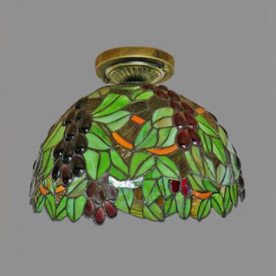 Rustic Tiffany Stained Glass Flush Light With Nature-Inspired Pattern And Antique Brass Finish
