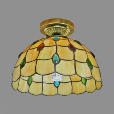 Rustic Tiffany Stained Glass Flush Light With Nature-Inspired Pattern And Antique Brass Finish