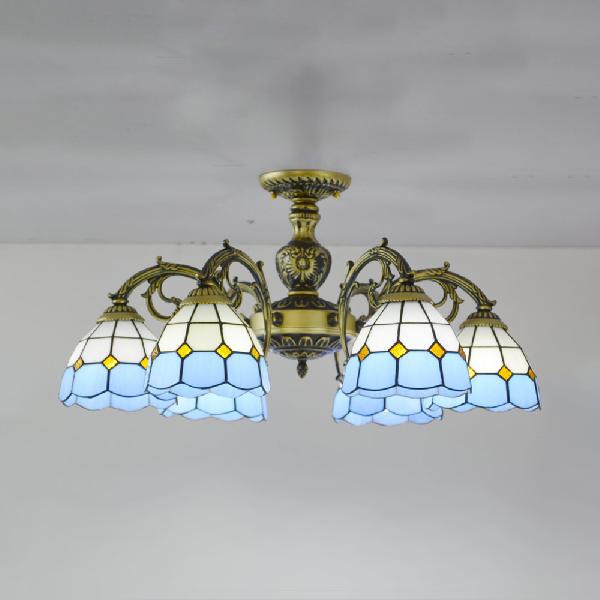 Vintage Tiffany Stained Glass Dome Semi Flush Mount Lighting In Bronze/White Finish (3/6 Lights) 6