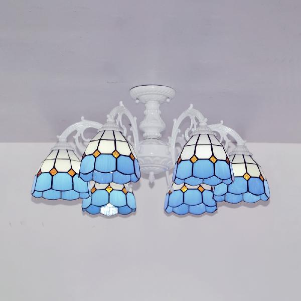 Vintage Tiffany Stained Glass Dome Semi Flush Mount Lighting In Bronze/White Finish (3/6 Lights) 6