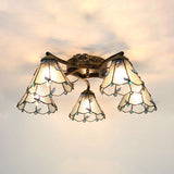Tiffany Stained Glass Ceiling Light With 5 Scalloped Heads In Antique Bronze - Perfect For Bedroom /