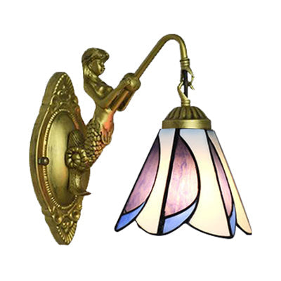 Tiffany Yellow/Blue-White Glass Sconce Light With Mermaid Backplate
