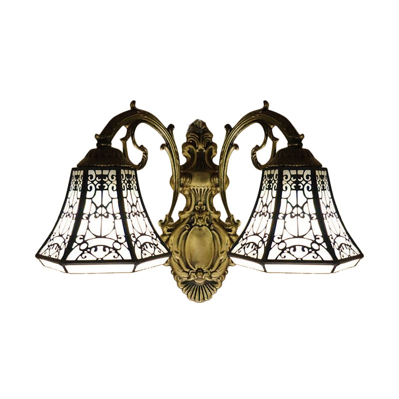 Lodge Bell Wall Sconce With Stained Glass Fence Design - 2 Lights