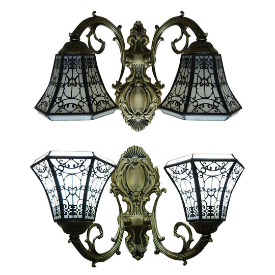 Lodge Bell Wall Sconce With Stained Glass Fence Design - 2 Lights