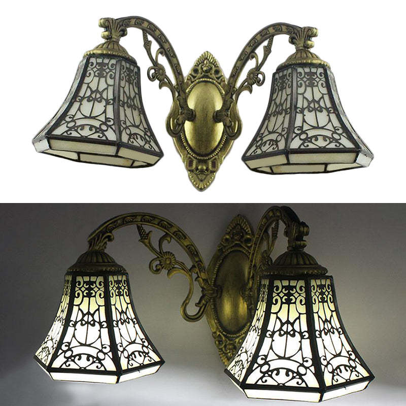 Lodge Bell Wall Sconce With Stained Glass Fence Design - 2 Lights