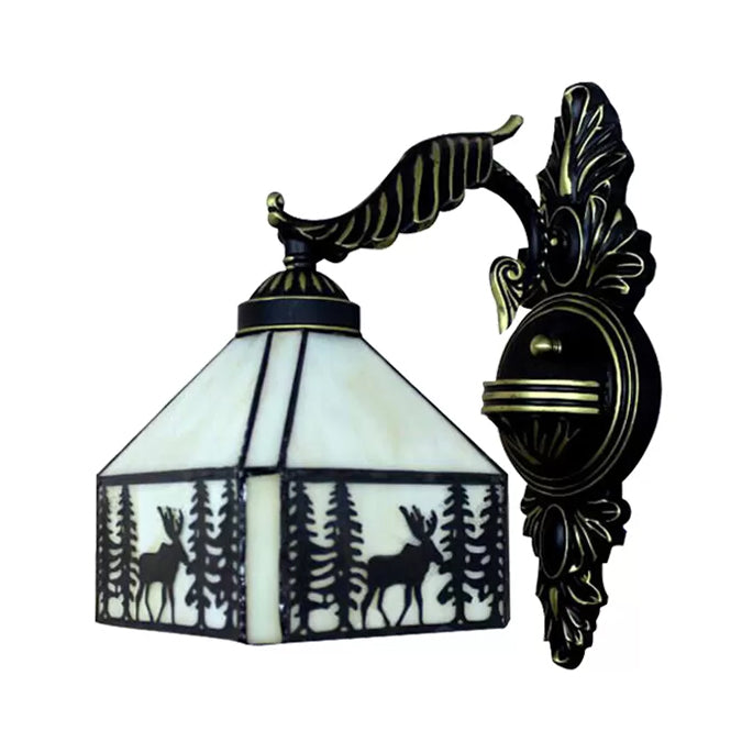 Lodge Stained Glass Wall Sconce With Curved Arm - Mini Mount Light