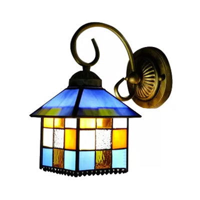 Lodge Stained Glass Wall Sconce With Curved Arm - Mini Mount Light