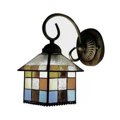 Lodge Stained Glass Wall Sconce With Curved Arm - Mini Mount Light