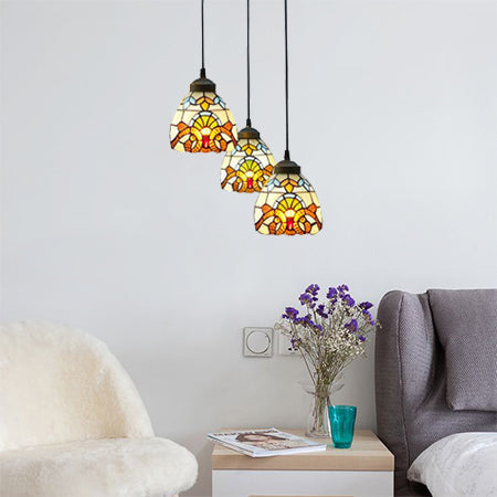 Victorian Stained Glass Hanging Pendant With Domed Design - White 3 Lights Ideal For Dining Room /