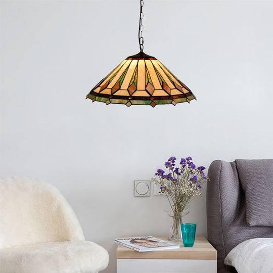 Black Conical Tiffany Hanging Pendant Light - 16’/22’ W Stained Glass Ceiling Fixture For