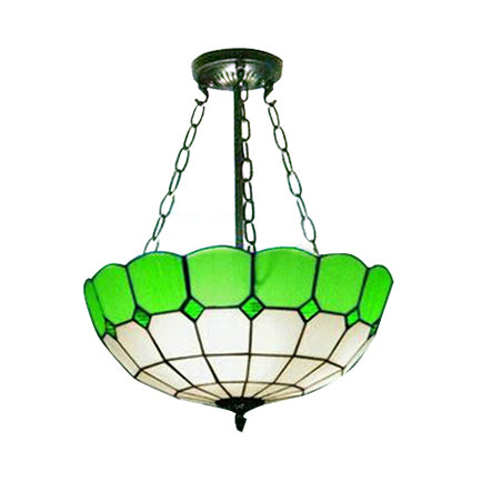Lodge Bowl Stained Glass Semi Flush Ceiling Light With Chain - Green (2/3 Lights) / 12’