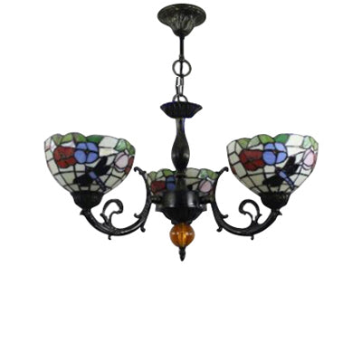 Stained Glass 3-Light Ceiling Pendant Chandelier - Retro Bowl Design With Dragonfly And Flower