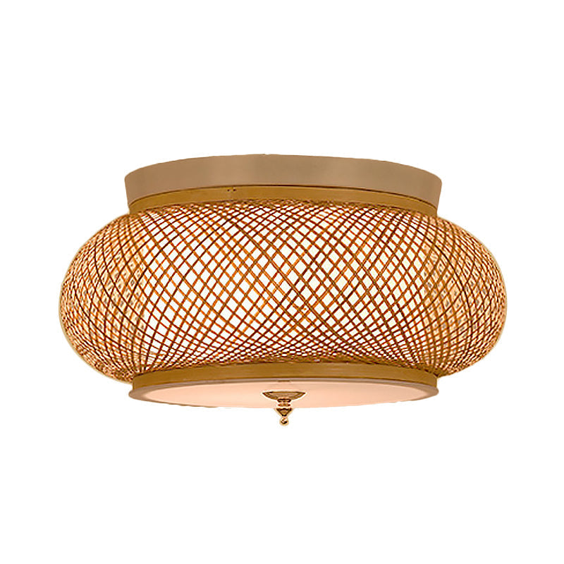 Hand - Knitted Lantern Design Asian Style Bamboo Pendant Light - 3 - Light Yellow Ceiling Fixture