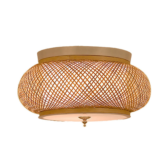 Hand - Knitted Lantern Design Asian Style Bamboo Pendant Light - 3 - Light Yellow Ceiling Fixture