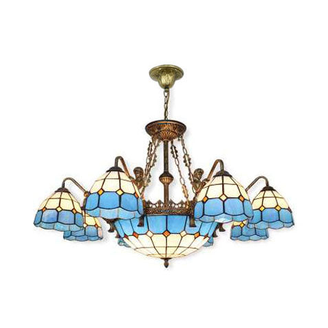 Tiffany Grid Patterned Cut Glass Chandelier In Blue With 9/13 Lights 9 /
