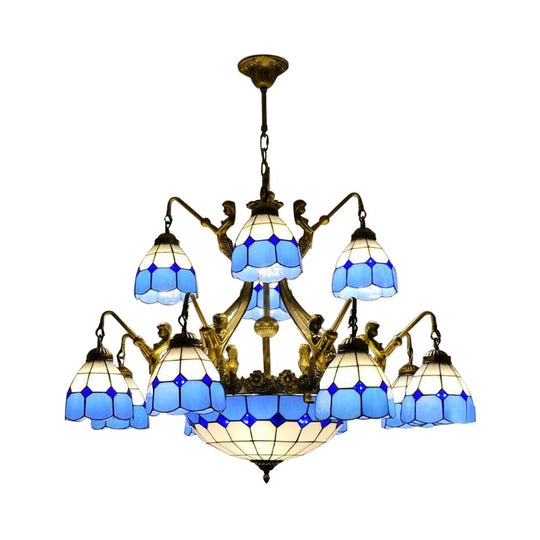 Tiffany Grid Patterned Cut Glass Chandelier In Blue With 9/13 Lights 13 /