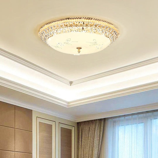 Modern Led Gold Flush Mount Ceiling Light With Crystal Accents Dome White Glass 12’/16’/19.5’ W