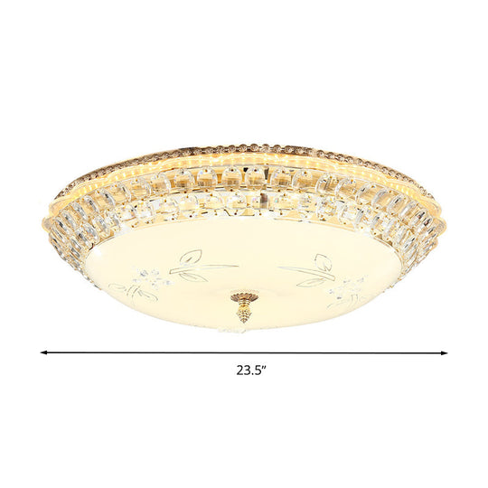 Modern Led Gold Flush Mount Ceiling Light With Crystal Accents Dome White Glass 12’/16’/19.5’ W