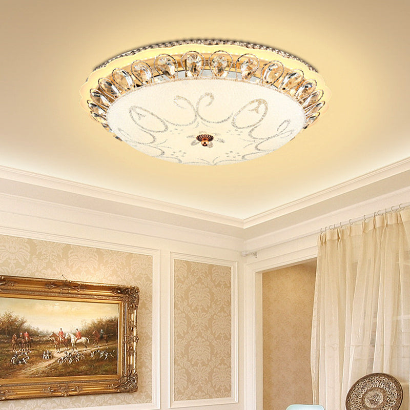 Modern White Glass Bowl Ceiling Lamp With Led Lighting And K9 Crystal Accent - 12/16/19.5 Wide