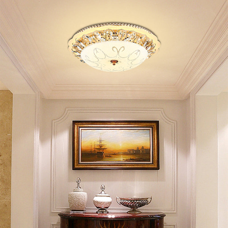 Modern White Glass Bowl Ceiling Lamp With Led Lighting And K9 Crystal Accent - 12’/16’/19.5’ Wide