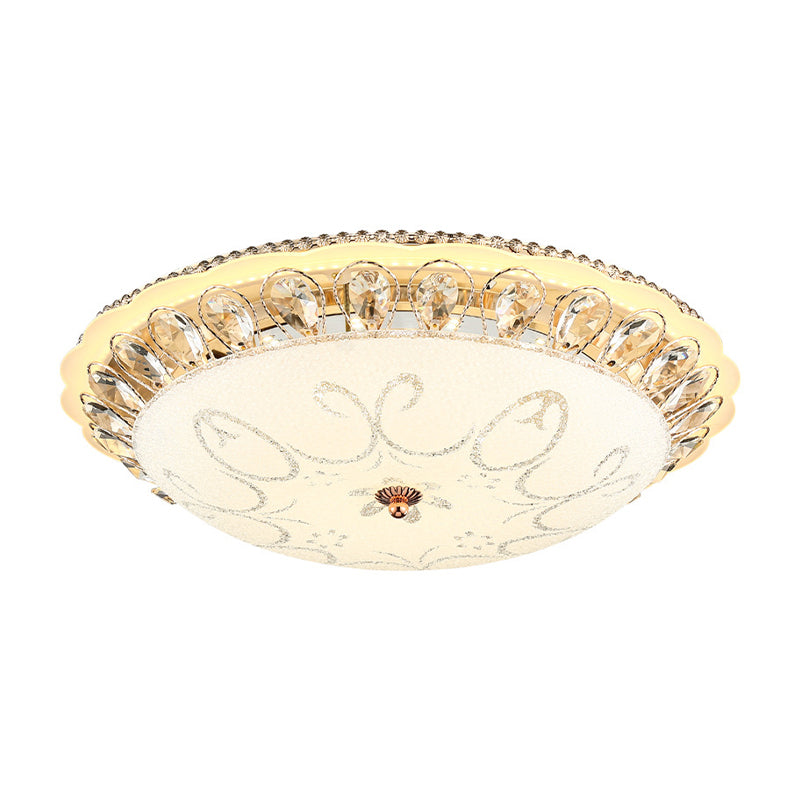 Modern White Glass Bowl Ceiling Lamp With Led Lighting And K9 Crystal Accent - 12’/16’/19.5’ Wide