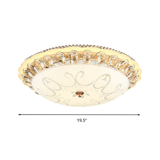 Modern White Glass Bowl Ceiling Lamp With Led Lighting And K9 Crystal Accent - 12’/16’/19.5’ Wide