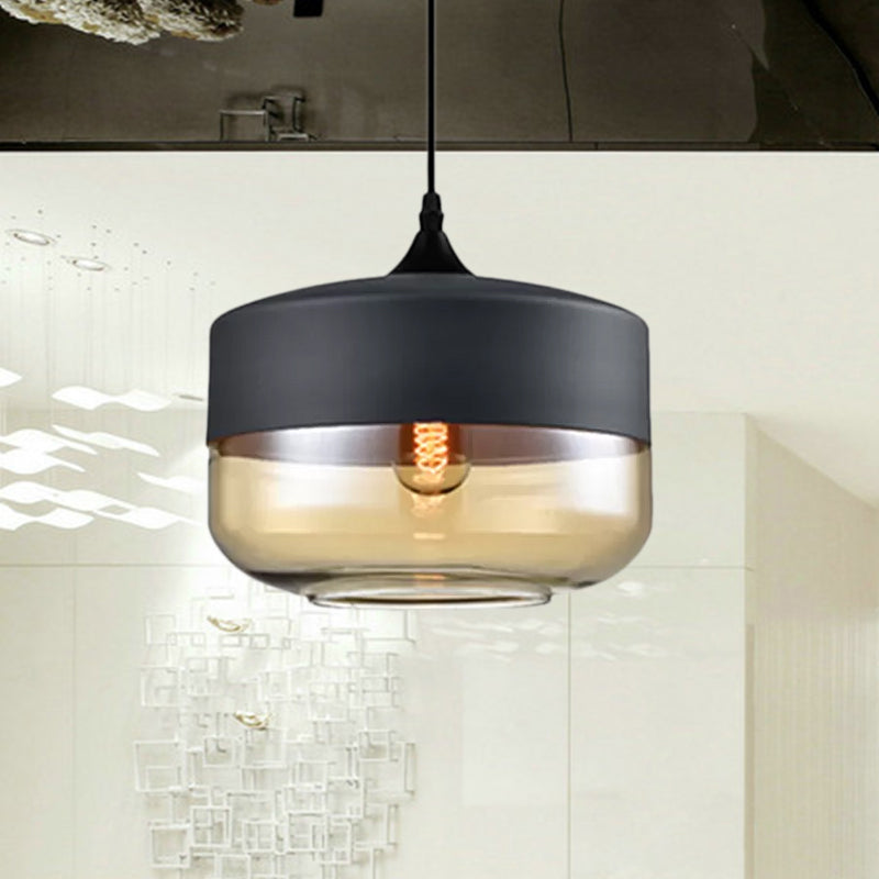 Modern 1-Light Drum/Cylinder/Jar Suspension Pendant – Clear/Yellow Glass White/Black Fixture