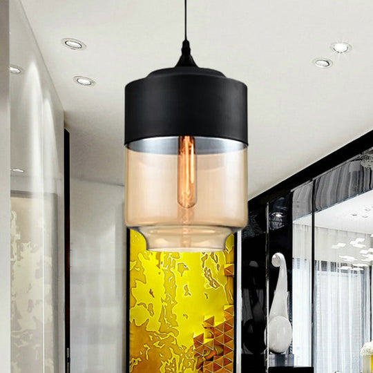 Modern 1-Light Glass Suspension Pendant In White/Black - 5/7/8 Wide Drum/Cylinder/Jar Clear/Yellow