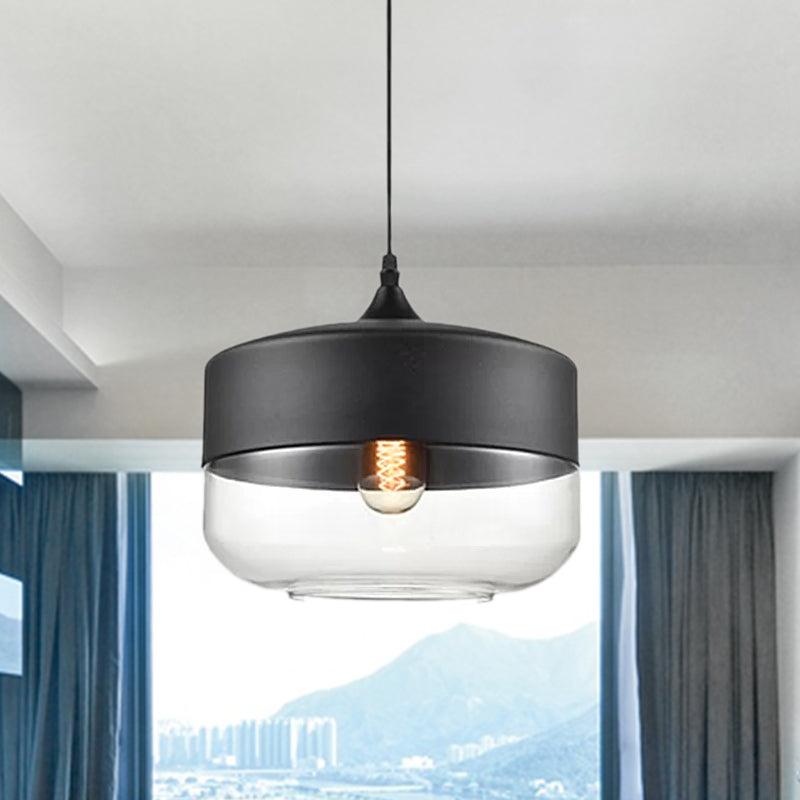 Modern 1-Light Drum/Cylinder/Jar Suspension Pendant – Clear/Yellow Glass White/Black Fixture