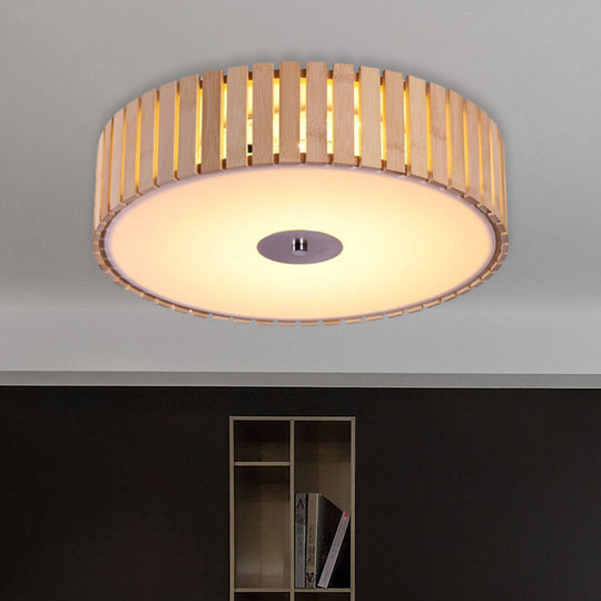 Modern Bamboo Flush Mount Led Ceiling Light 15’/19’ W Beige Drum Shade Fixture For Living Room