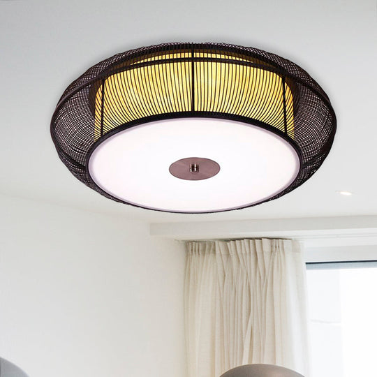 Asian Style Round Bamboo Shade Ceiling Light - 3/4 Lights Black/Wood Fixture For Bedroom 18’/22’ Dia