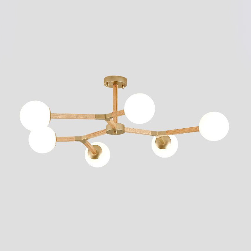 Contemporary Wood Branch Chandelier With White/Black/Gold Finish 3/6/9 Lights And White Glass Shade