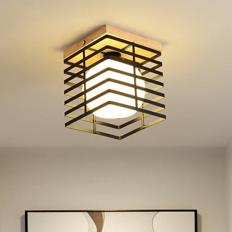 1-Light Black/White Metal Square Flush Mount Pendant Fixture For Corridor Ceiling